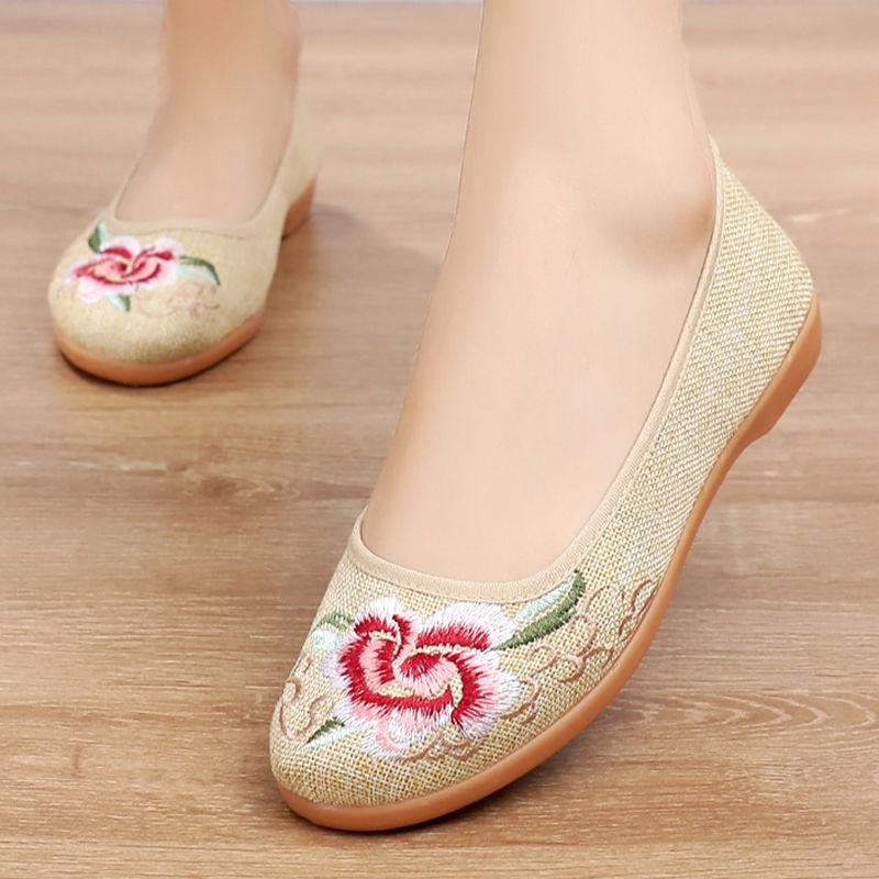 Damenschuhe Alte Peking-Stoffschuhe Ethnische Damenschuhe mit weicher Unterseite Arbeitsschuhe Atmungsaktive bestickte Schuhe 40 beige