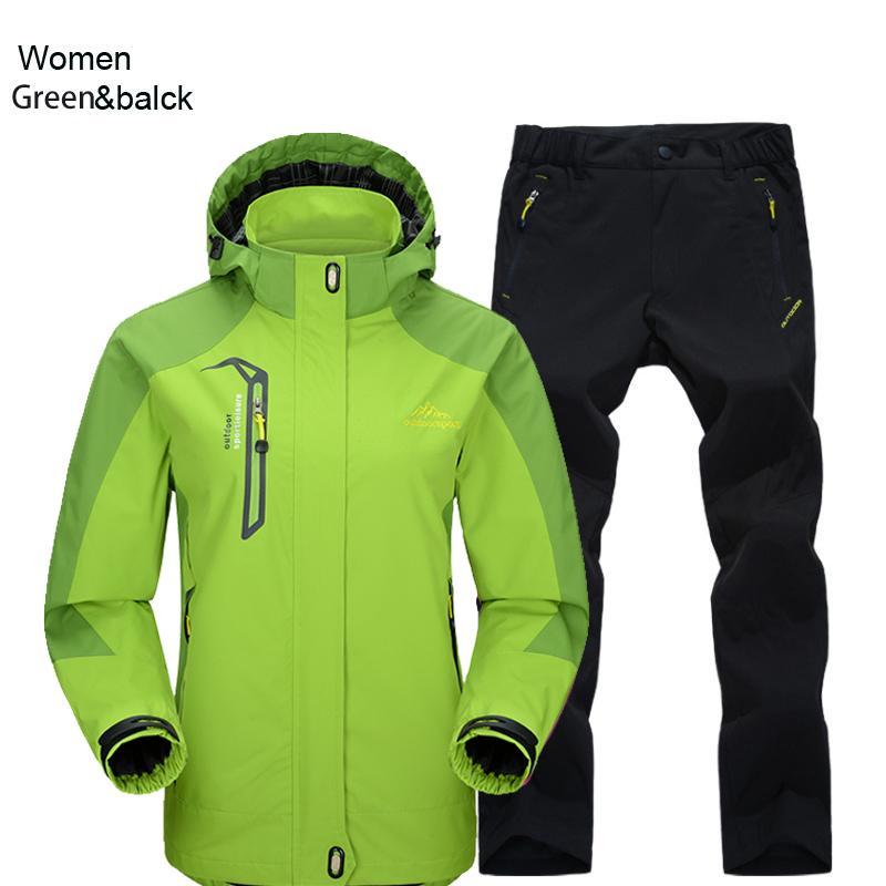 Damen Jacke Hose Wander Set Camping Frühling Herbst Outdoor Wasserdicht 20000MM Winddicht Anzug Trekking Mantel Hose 3XL green
