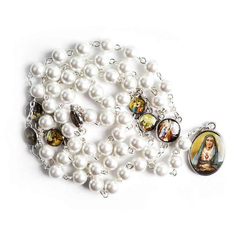 Rosenkranz mit den sieben Schmerzen Mariens, Acrylperlen, katholischer Schmuck, Halskette für Damen und Herren weiß