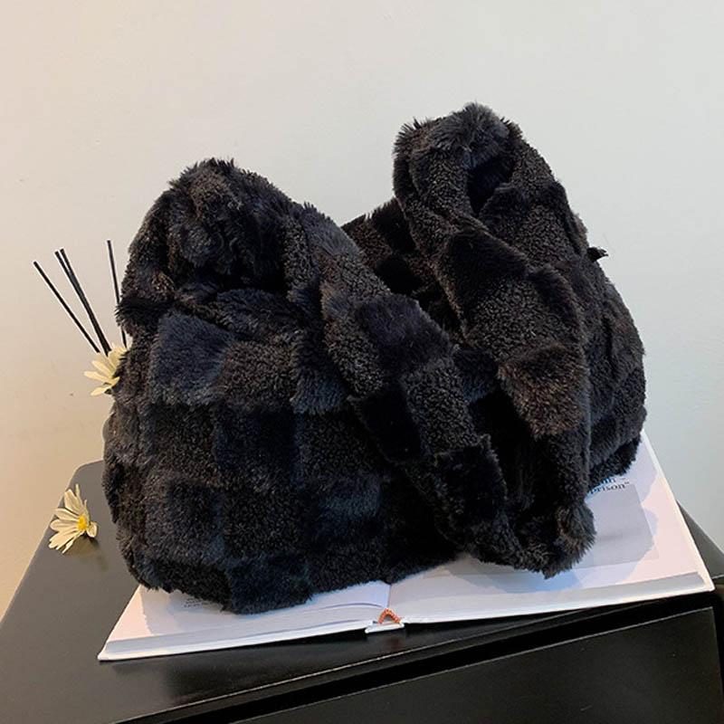 Plüsch-Tasche, große Kapazität, Einkaufstasche, Damen-Handtasche, Einkaufstasche, modische Damen-Tasche mit Griff oben, 2023, Winter, lässig, Unterarm-Schulter-Plüsch-Tragetasche, große Tasche schwarz