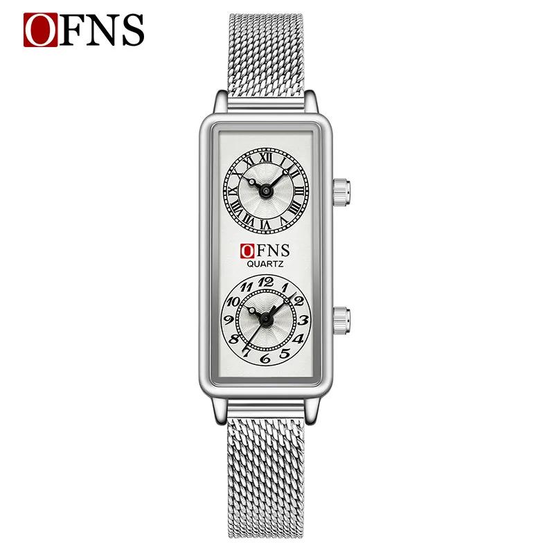 Dual Movement Uhr Damen Quarz Armbanduhr Luxus Damen 2 Zeitzonen Uhr Edelstahl Schwarzes Leder Uhr MESH BELT silber