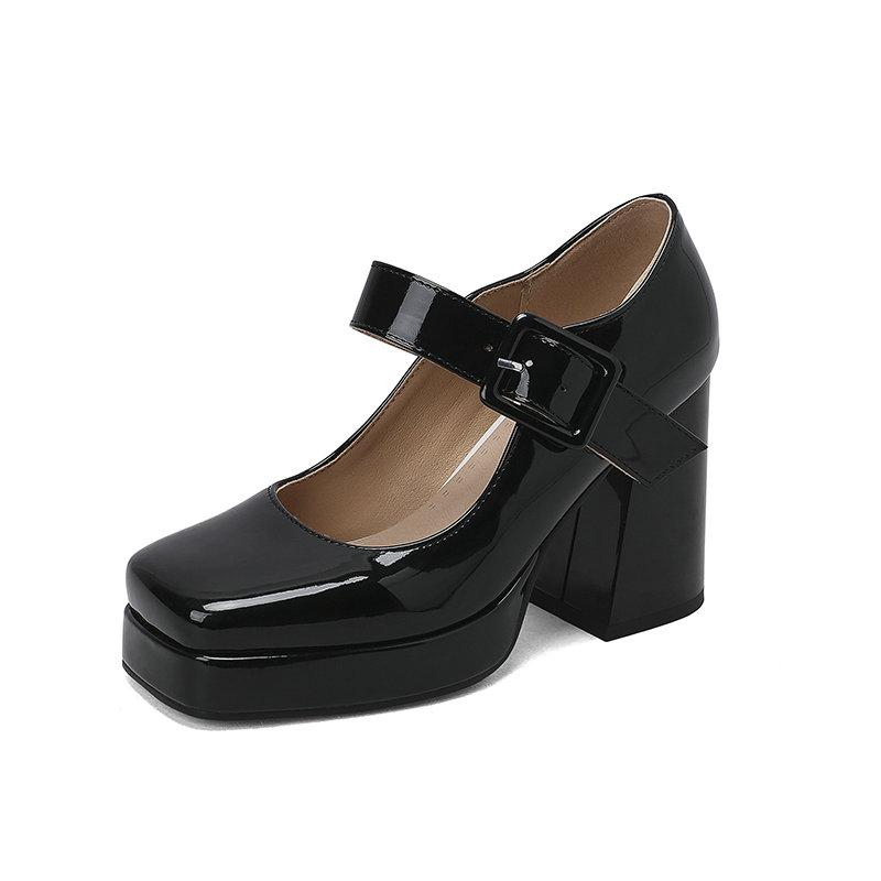 Größe 33-48 Lack-Pumps aus glänzendem PU-Leder für Damen im Büro, breiter Riemen mit Schnalle, Plateau-Mary-Jane-Schuhe, Frühling/Herbst, Blockabsatz, Pumps für Büro und Party 33 schwarz