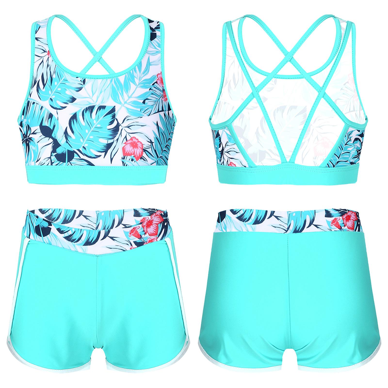 2-teiliges Badeanzug-Outfit für Kinder, Mädchen, bedruckt, U-Ausschnitt, Riemchenrücken, bauchfreies Top mit Boyshorts, Shorts und Unterteil, Badeanzug für Strand, Pool, Schwimmen 7-8 Years see-grüne