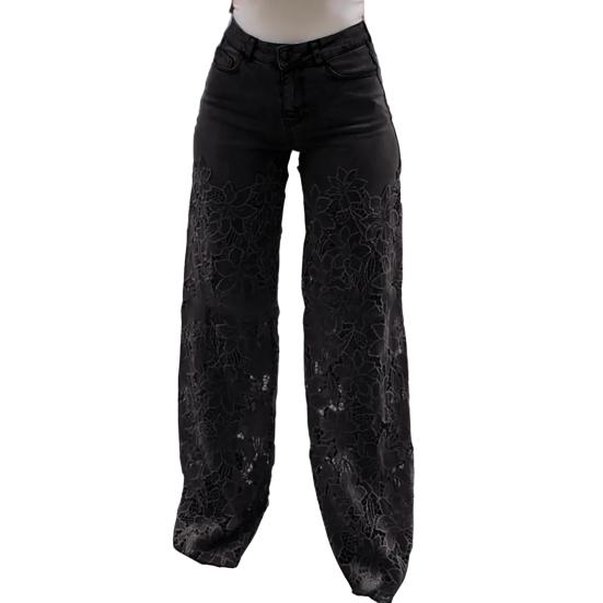 Damen Jeans mit Spitze Patchwork Casual Baggy Straight Wide Leg Denimhose Mid Waist Floral XXL schwarz