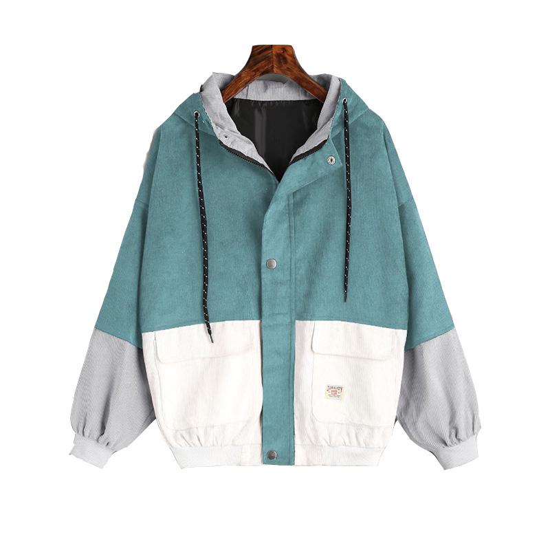VANGULL Marke Frauen Mit Kapuze Cord Jacke Patchwork Herbst Streetwear Oberbekleidung Mantel Windjacke M graue