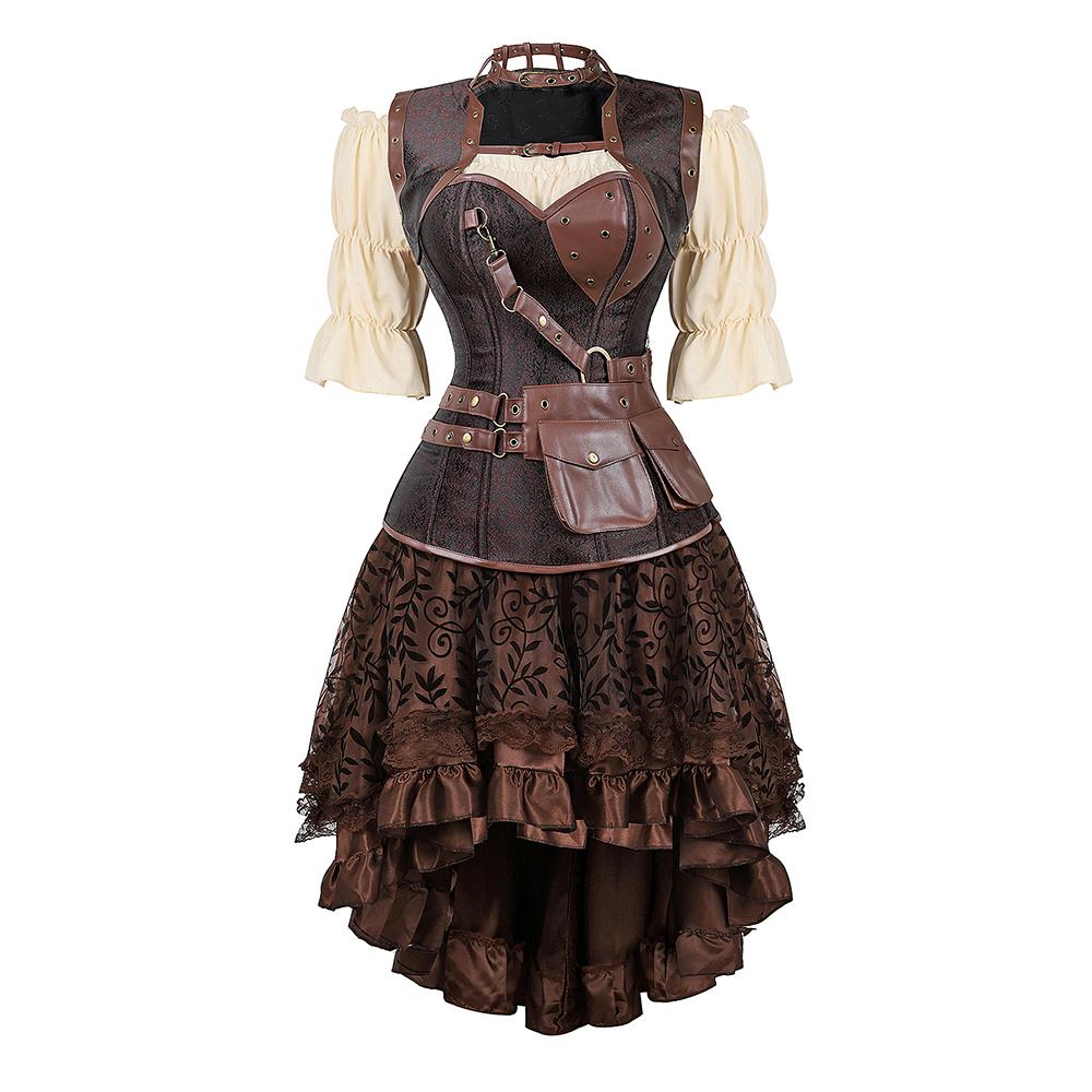 Steampunk Korsettkleid Piratenkostüm für Damen Halloween Mittelalter Bluse Gothic Kunstleder Korsettkleid mit Trägern Braun M