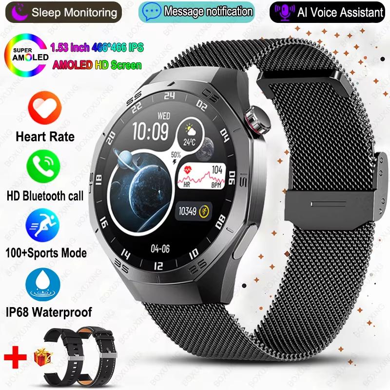 Neue Smartwatch Herren NFC HD AMOLED Bildschirm GPS Bewegungsbahn Herzfrequenz Bluetooth Anruf Sport Smartwatch IP68 Kabelloses Laden Mesh schwarz