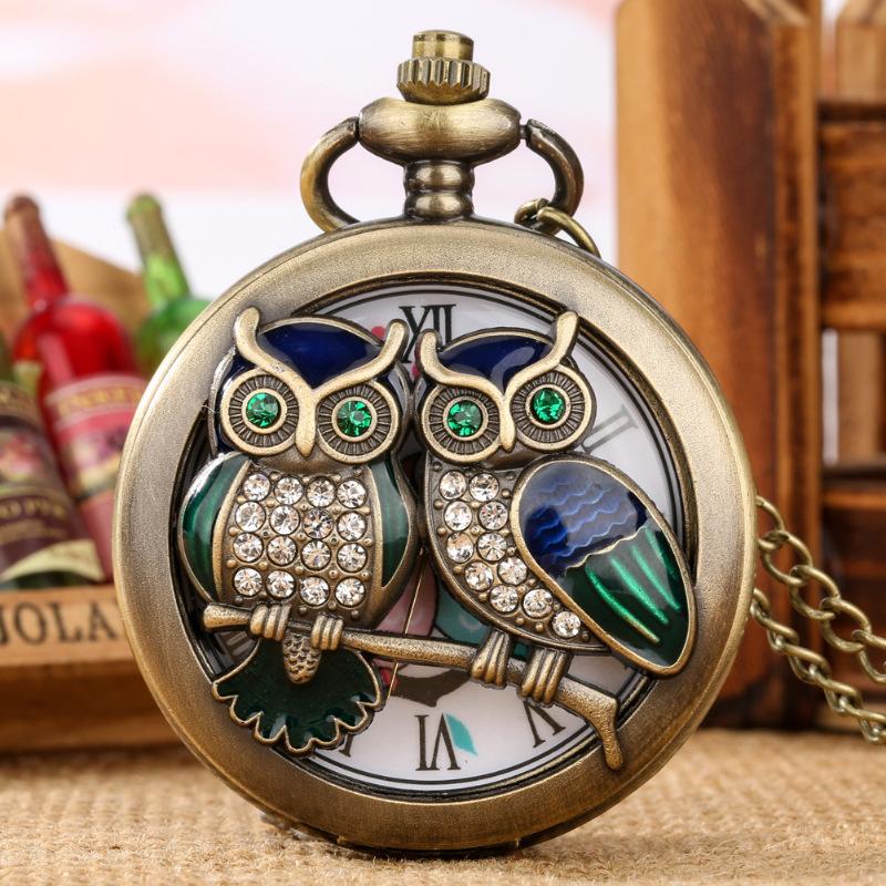 Strass Eule Taschenuhr Vintage Herren Damen Quarzuhren Accessoires Weihnachtsgeschenke bronze
