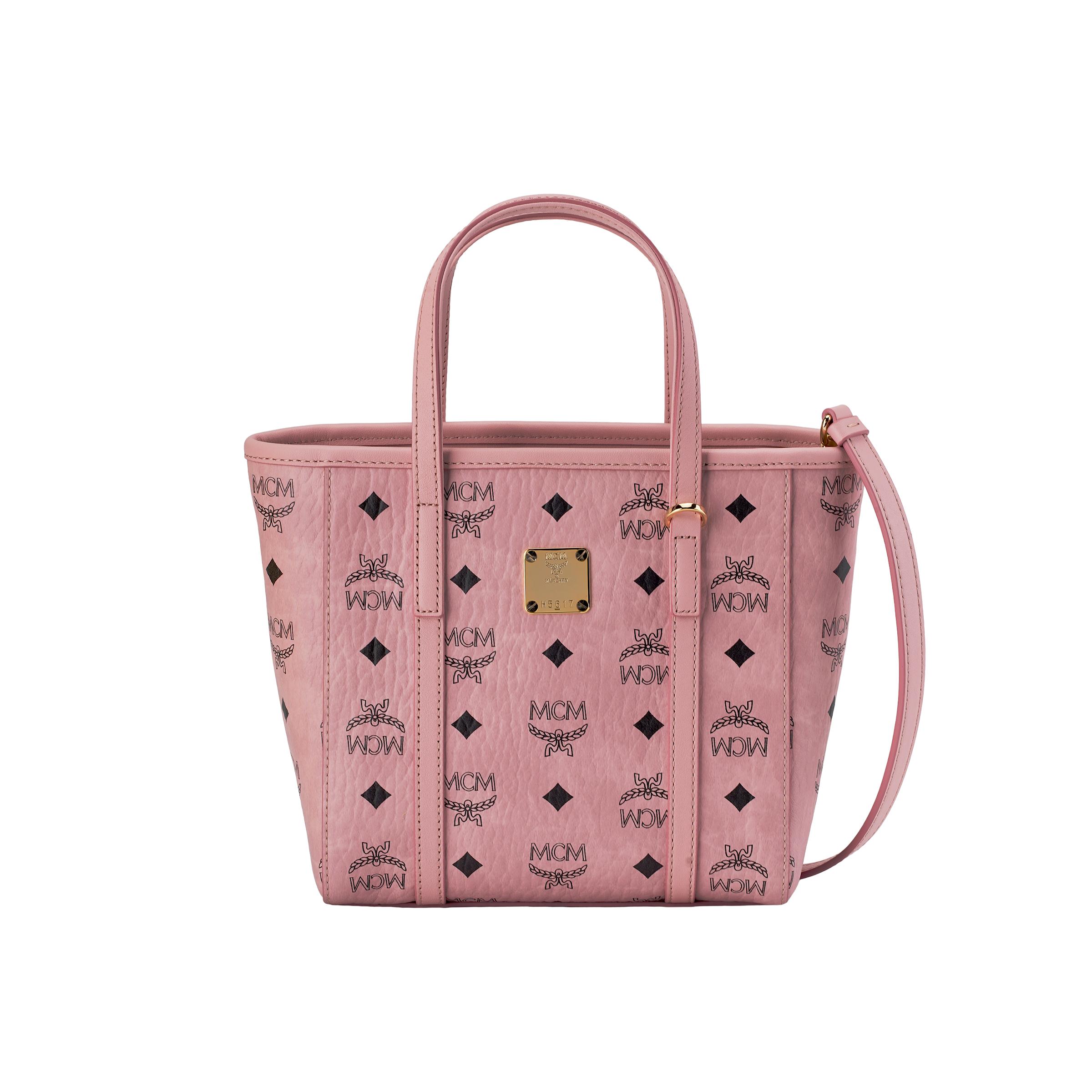 MCM Toni Logo Reißverschluss Napa Leder Tragetasche Einkaufstasche Schulter Crossbody Handtasche Mini Damen Tote Pfirsich-Rosa MWPFSMT06PZ001 Basic Set (Bag+Dust Bag)