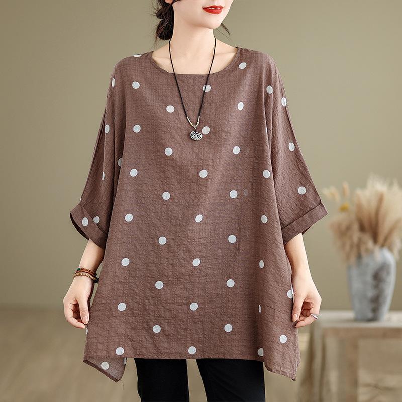 Sommer-Bluse aus Baumwolle und Hanf mit Punkten, große Größe, lockeres Retro-T-Shirt mit Fledermausärmeln für Damen one size khaki