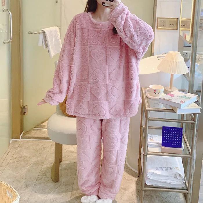 Warmes Winter-Pyjama-Set für Damen, Korallensamt-Pyjama, Flanell-verdickter Cartoon-Pyjama, Übergroße Hauskleidung, Übergroßer Pyjama 6XL rosa