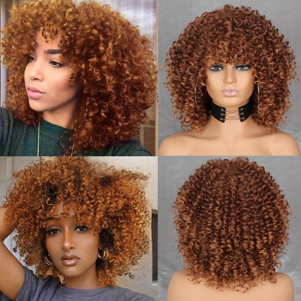 MERISIHAIR Lockige Afro-Blondine-Perücke mit Pony, schulterlange Perücken, Afro-Kinky-Perücken, synthetische lockige Vollperücke für schwarze Frauen China black