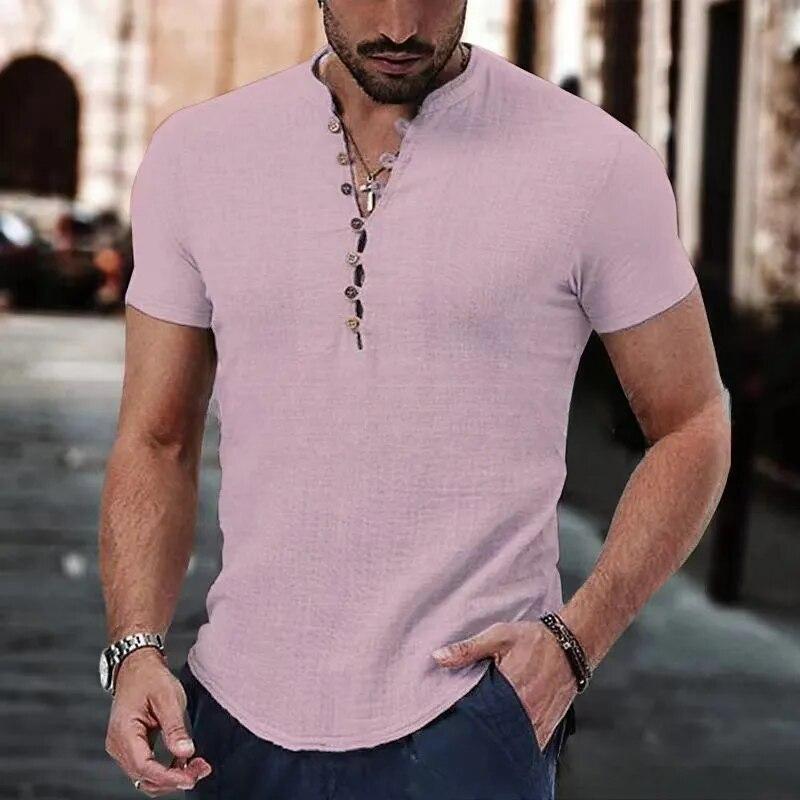 Neues Herren Kurzarm T-Shirt Knopf Baumwolle Leinenhemd Herren Freizeitkleidung Beliebte Oberteile für Herren US XXXL