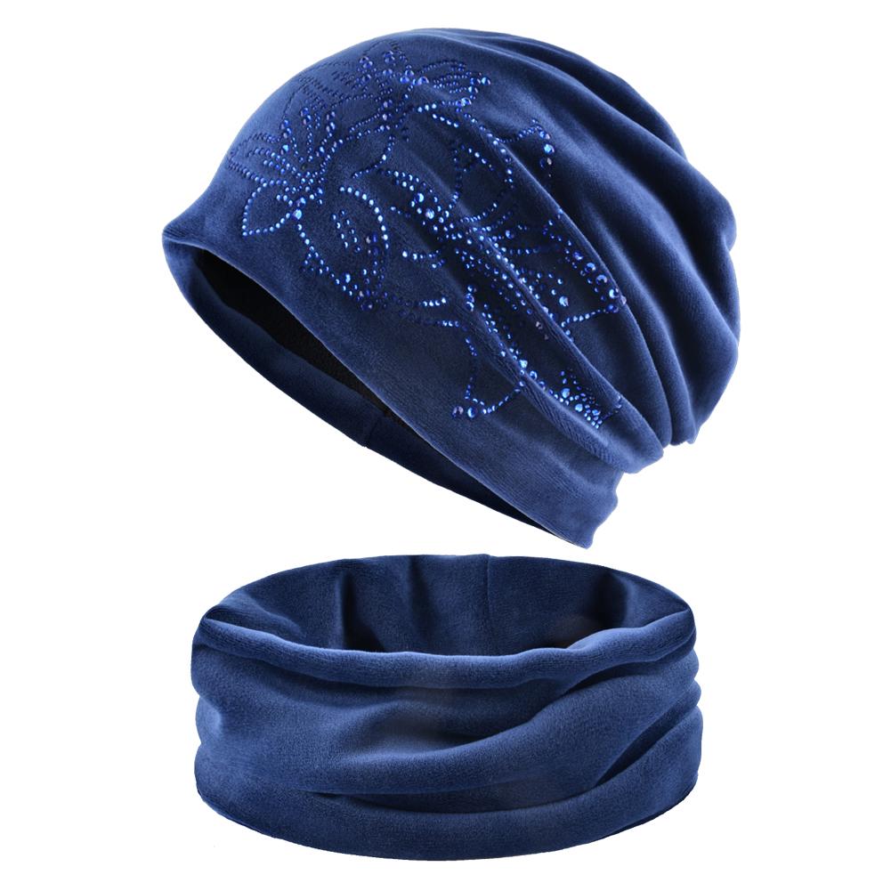 Damen Beanie Mode Strass Blume Hut und Schal Winter warme Samt Mützen Schals Set Mädchen blau