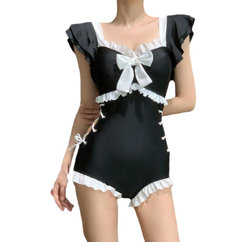Damen Badeanzug im koreanischen Stil, einteilig, gerüscht, rückenfrei, Bauchkontrolle, Monokini, Kordelzug in der Taille, heiße Quellen, Bademode, Mädchen, süßer, modischer Badeanzug XL schwarz