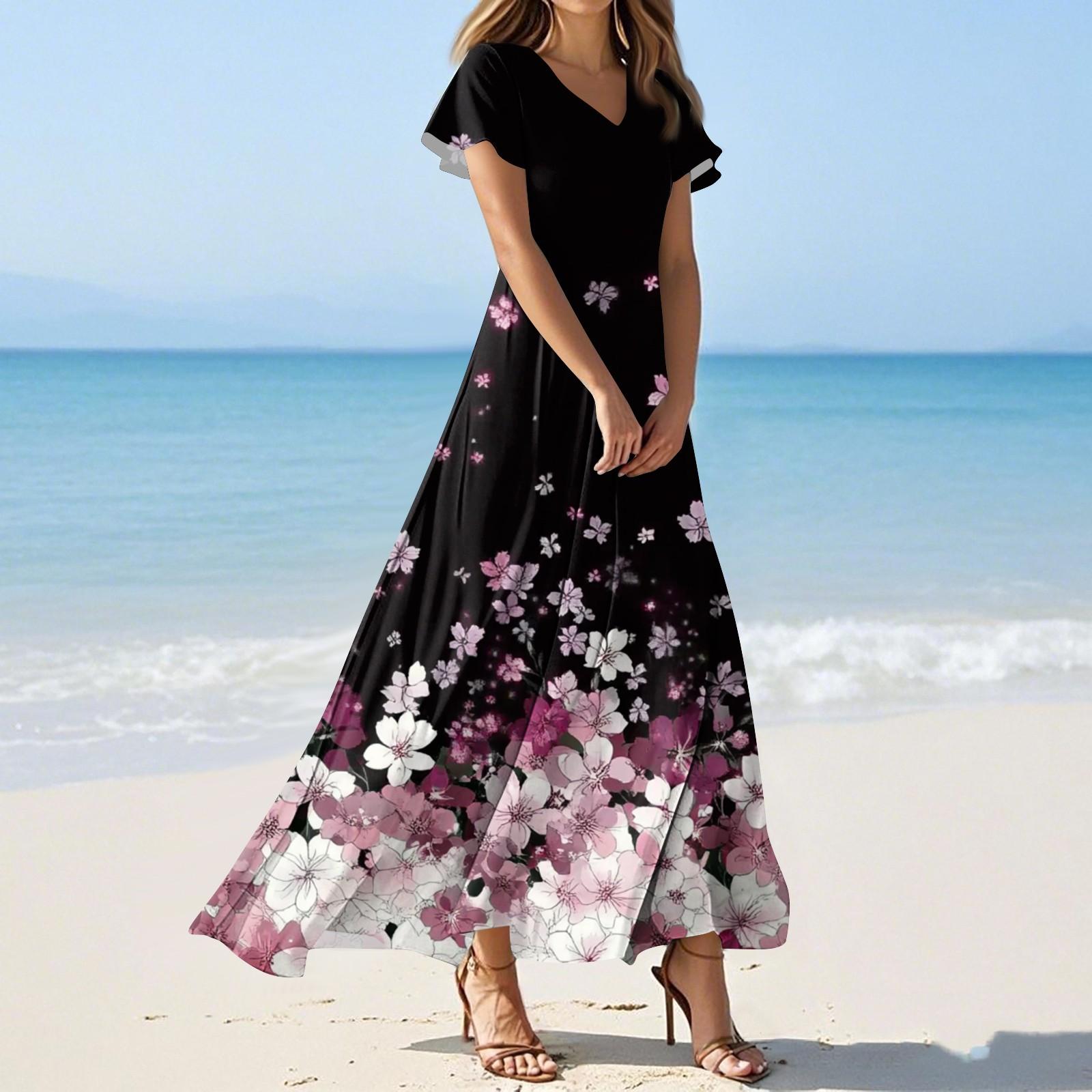 Damen Sommer Casual Fashion Solid Color Kleider V-Ausschnitt Kurzarm Kleider L