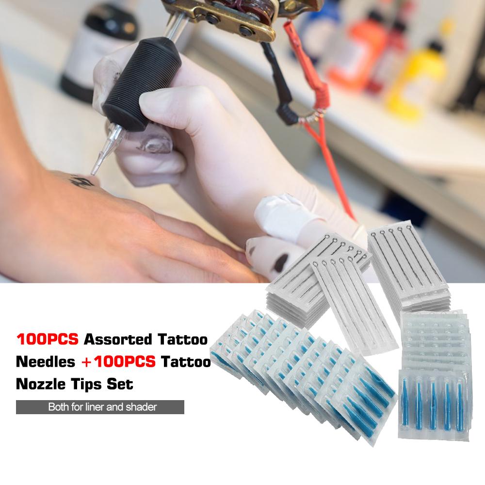 100 Stück sortierte sterilisierte Einweg-Tattoo-Nadeln RL RS-Nadeln + 100 Stück Kunststoff-Tattoo-Düse bunt
