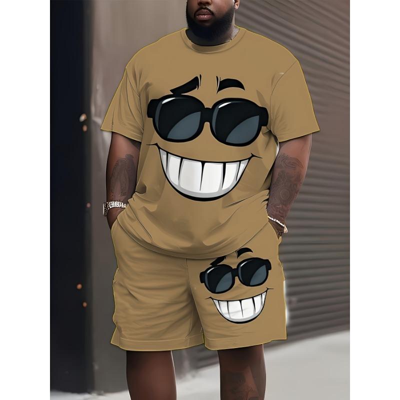 Große Größe neuer Sommer Herren Kurzarm-Shorts-Anzug [bedrucktes Design - keine Textur] Sommer Herren Kreatives Cooles Glückliches Muster Bedruckter Anzug XL