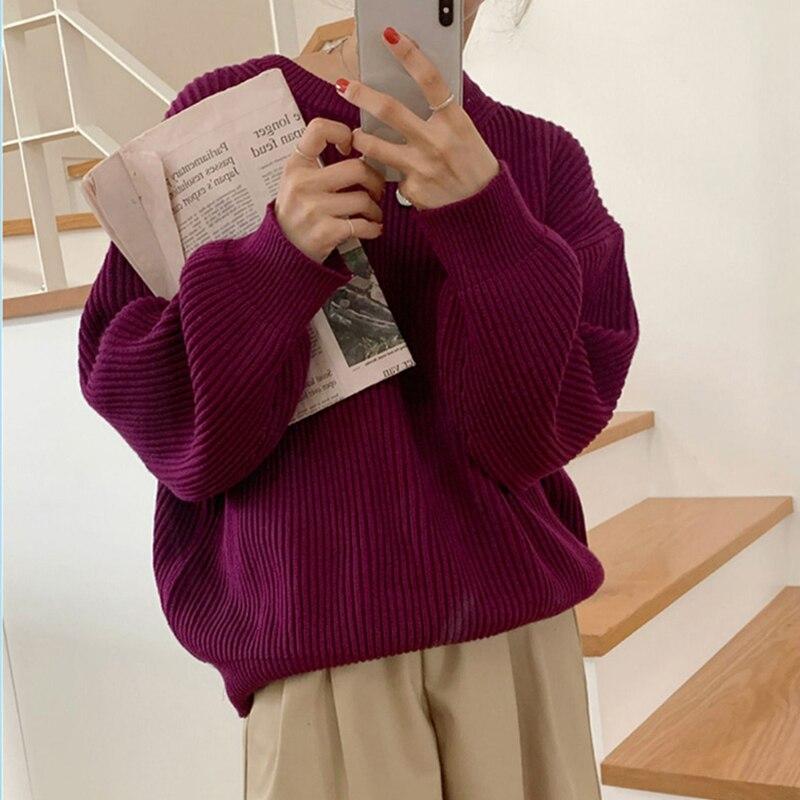 Lose Gestrickte Pullover Frauen Herbst Winter Vintage Warme Übergroßen Pullover Damen Strickwaren Feste Weibliche Jumper One Size violett