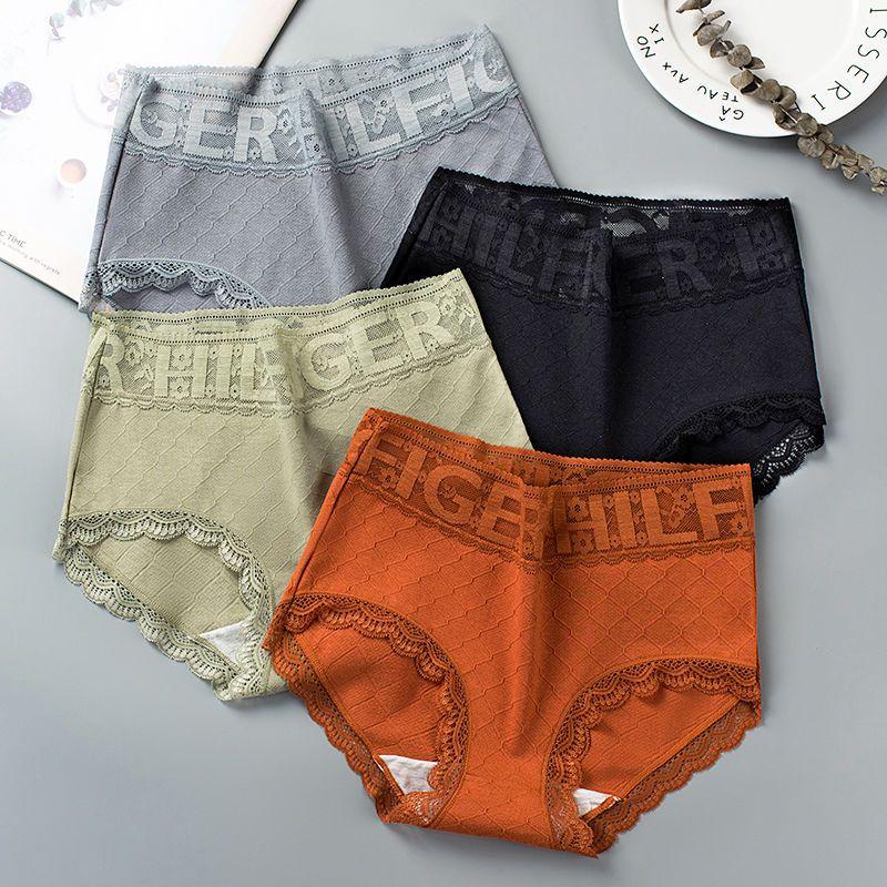 Damen Unterhosen 4 Stück Hohe Taille Baumwollunterhosen Große Größe Damen Bauchweg-Unterhosen Spitze Sexy Dreiecksunterhosen 2XL