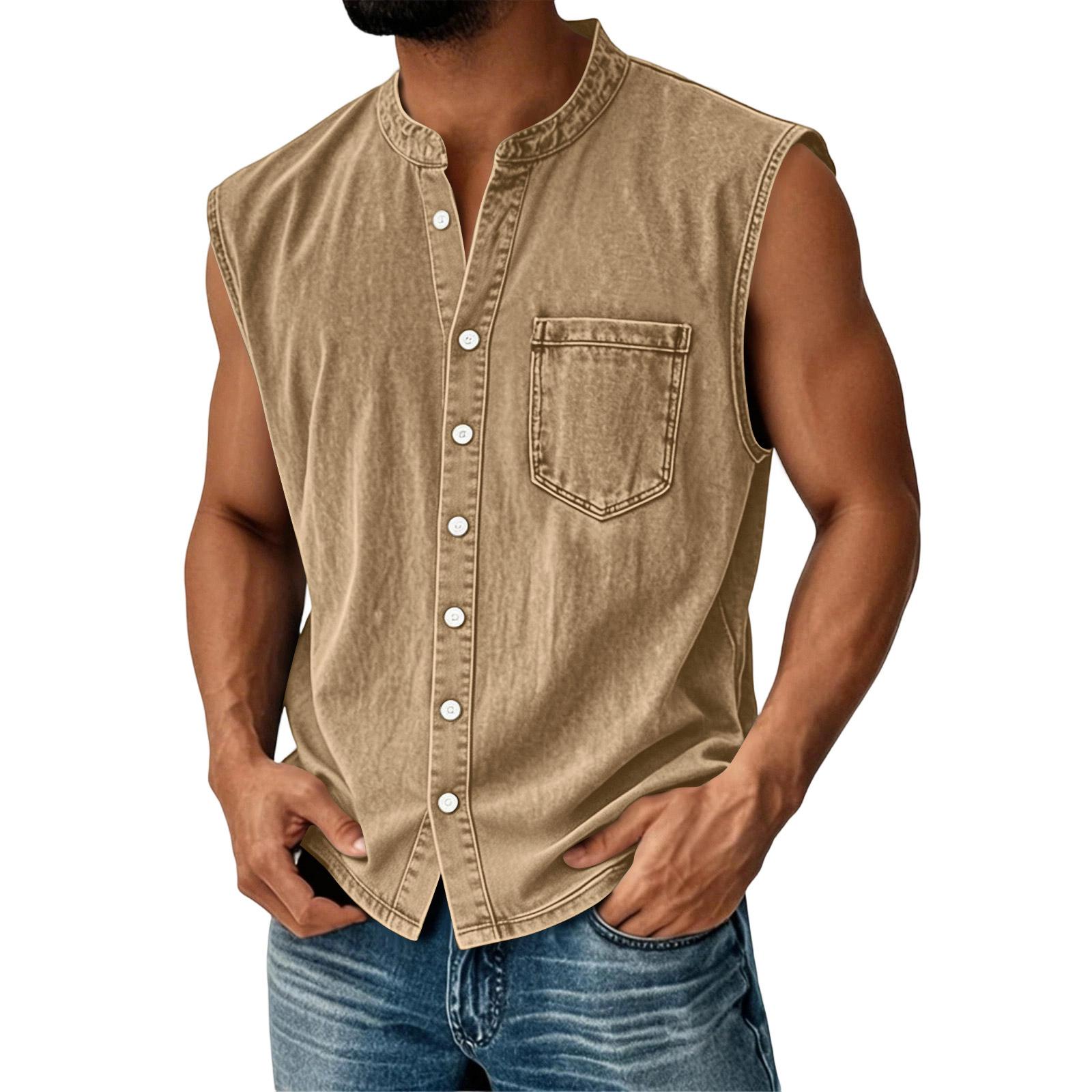 Ärmellose Hemden für Herren Button-Down Lässige Tanktops Herren mit Tasche Lockere Passform Sommer Leichtes Oberteil Tanktops Herren XL khaki