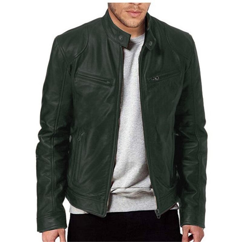 Herren Lederjacke Herren Jugend Stehkragen Punk Herren Biker Lederjacke mit Logo 5XL dunkelgrüne