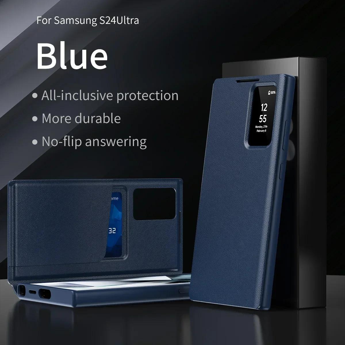 Leder-S-View Windows Wallet Flip Case für offizielles Samsung Galaxy S25/S24/S23/S22 Ultra Plus S23 FE S25edge A56 A55 Kartenfach Stoßfeste Abdeckung For Galaxy S25Plus&With Packet Box blau