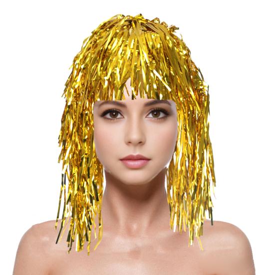 Folie Lametta Perücken für Erwachsene Kostüm Party Glänzende Lametta Perücke Metallic goldgelb
