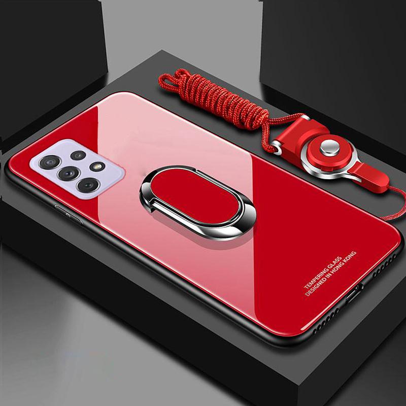 Handyhülle aus gehärtetem Glas für Samsung Galaxy A73 A53 A33 A13 A03S A22 A52 A32 A42 A51 A71 A72 A12 5G Magnetringhalter Ständerabdeckung mit Lanyard For Samsung A12 5G rot