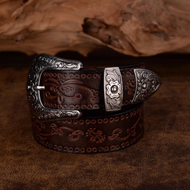 Hochwertiger Court-Style Geprägter Western Cowboy Stahl Schnalle Gürtel Echtes Leder Designer Herren Gürtel Punk Jeans Gürtel für Männer 115cm kaffeebraun
