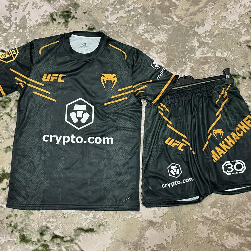 Fighting Night IslamMakhachev Atmungsaktives Boxset Herren Schwarz MMA Übergroße Kampf-Kurzarm-Shorts S