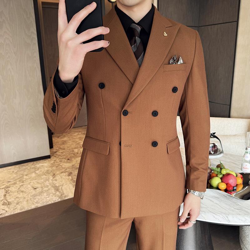 Herren Langarm Schleifenhals Zweireiher Anzug, High-End Business Casual einfarbiger Anzug XXL braun