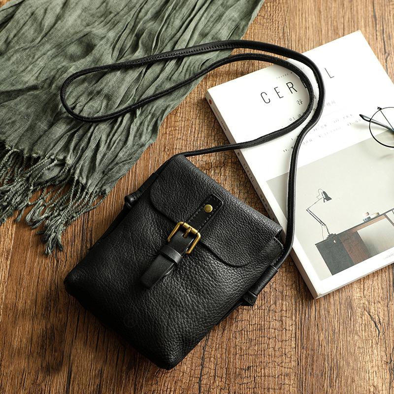 Johnature Simple Echtes Leder Frauen Tasche Retro Solid Color Natürliche Rindsleder Mini Telefontasche Freizeit Kleine Umhängetaschen schwarz