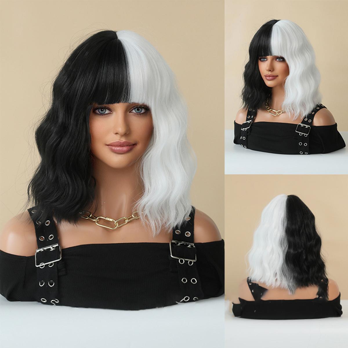 Damen 37 cm Haarsimulationshaar Schwarz-Weiß-Haar Langes Haar Langes lockiges Haar Rosenhaarnetz Kopfbedeckung Vollständige Kopfbedeckung Natürliche Echtperücke 37cm14inch schwarz/weiß