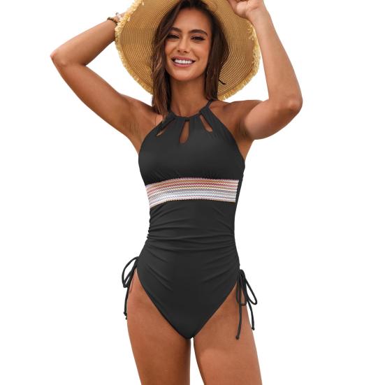 Yousheng Strand Monokini Cut-Out Patchwork Kontrastfarbe Neckholder Badeanzug Kordelzug Skinny Badeanzug Schnelltrocknend Poolside Surfen Bademode XL schwarz