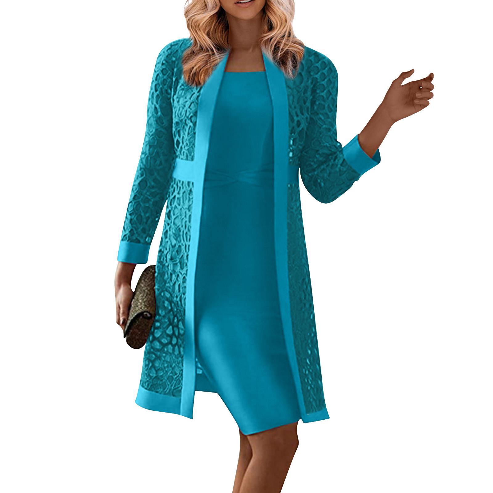 Damen-Brautkleid, Mutter-Outfit, langärmeliges, knielanges Kleid mit Jacke XXXL blau