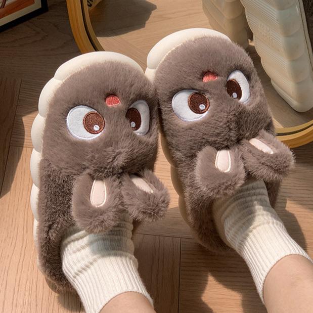 Niedliche Hasen Hausschuhe Weiche Plüsch Damen Hasen Hausschuhe Große Augen Gemütliche Cartoon Hausschuhe Innen/Außen Winterstiefel 38-39 kaffeebraun