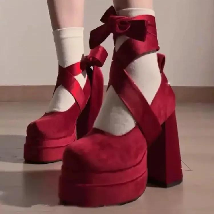 Mode Damen Mary Janes Schuhe 2025 Neue Lolita Schuhe Designer Plateau Schuhe für Damen Mode Hoher Absatz Einzelner Schuh Zapatos De Mujer 39 rot