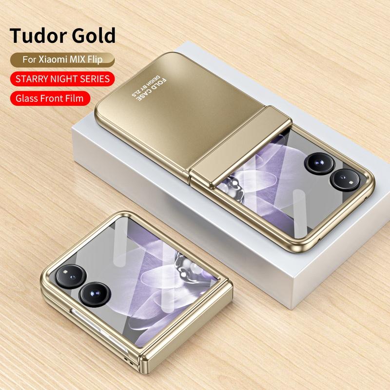 Luxuriöse, einfarbige Klapphülle mit gehärtetem Glas, 3-teilig, für Xiaomi Mix, Flip, stoßfeste, klare, harte PC-Hülle für schlanke Telefone Xiaomi Mix Flip(with Film) gold