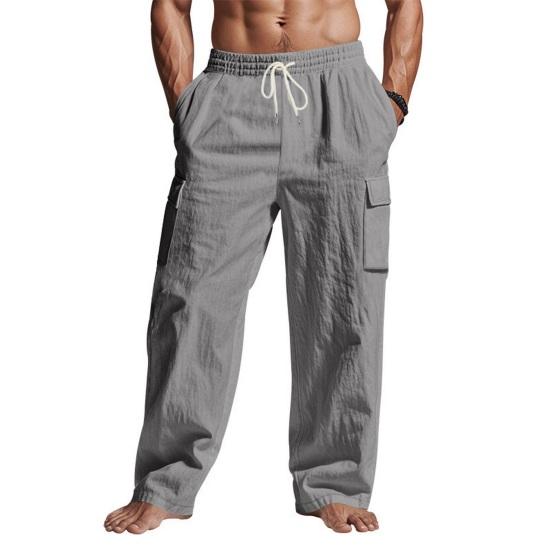 Herren-Baggy-Hose aus Leinen, lässige Hose mit Kordelzug in der Taille, weites Bein, lockere Passform, Sommer-Strand-Yoga-Hose mit Taschen für den Alltag im Urlaub S dunkelgraue