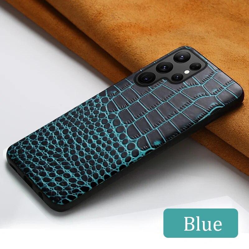 Handyhülle aus echtem Leder für Samsung Galaxy S24 S23 S22 Ultra S21 S20 FE S9 S10 Plus Note 20 10 A51 A52 A53 A54 5G A34 A14, stoßfeste Abdeckung For Galaxy S10 (4G) blau
