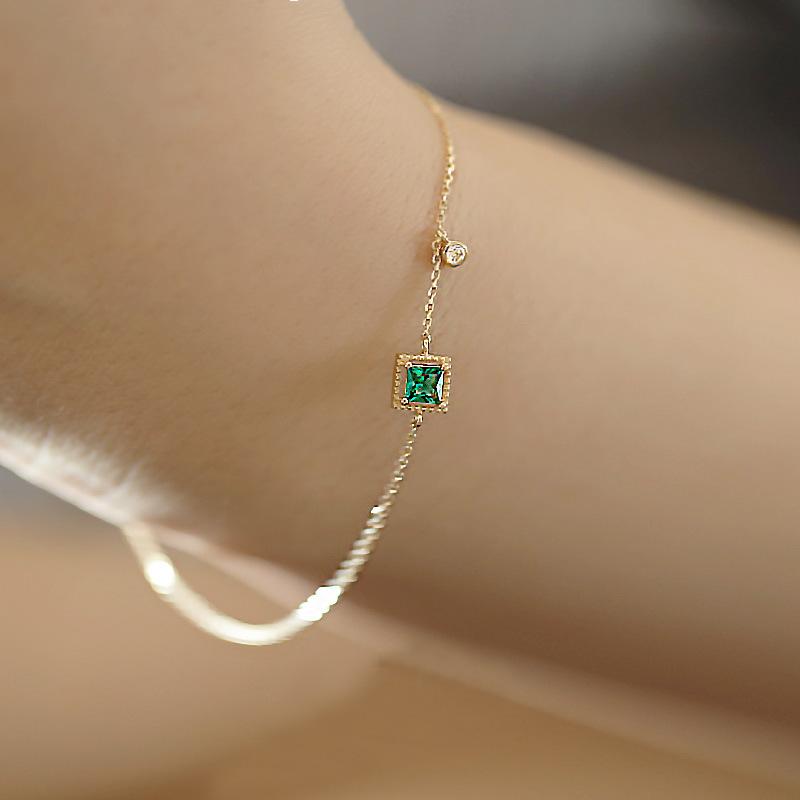 Leichtes Luxus-Armband aus 925er-Sterlingsilber mit 14 Karat Gold, weiblicher Smaragd, feiner, einfacher quadratischer Diamant, Ins-Temperament-Nischen-Design-Armband