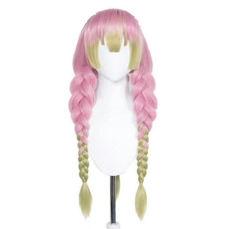 Hochwertige Mitsuri Kanroji Cosplay-Perücke, lang, rosa-grün, geflochten, hitzebeständiges Haar, authentische Anime-Cosplay-Perücken + Perückenkappe One Size