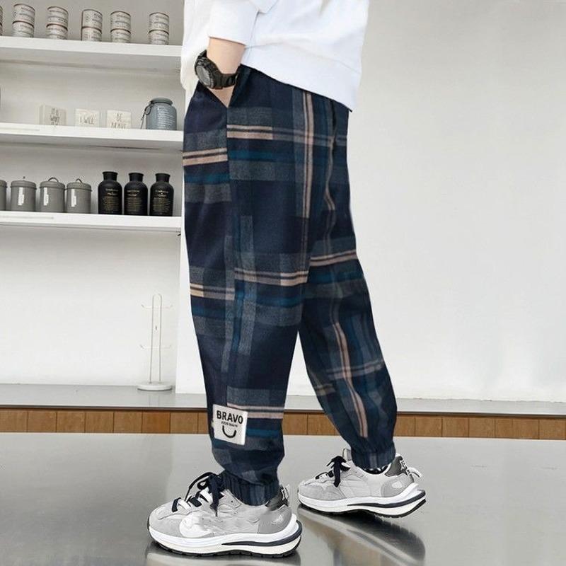 Frühlings- und Herbst-Kinderhosen für Jungen, Jogginghose, atmungsaktiv, kariert, Freizeithose, lockere und bequeme Hose 160 blau
