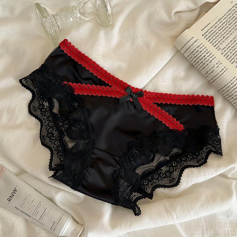 Sexy Damen Slips Mesh Spitze Unterhosen Eis Seide Satin Einfarbig Slips Hüfttief Weich Atmungsaktiv Dessous L schwarz