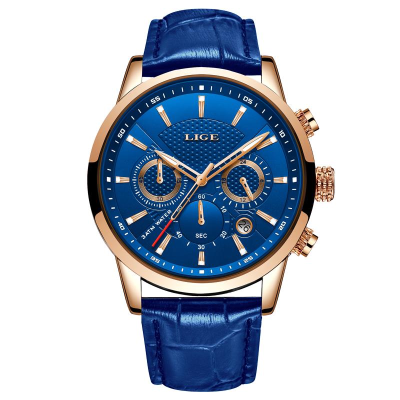2022 LIGE Herren Uhr Top Marke Luxus Casual Leder Quarz herren Uhr Business Uhr Männlich Sport Wasserdicht Datum Chronograph gold/blau