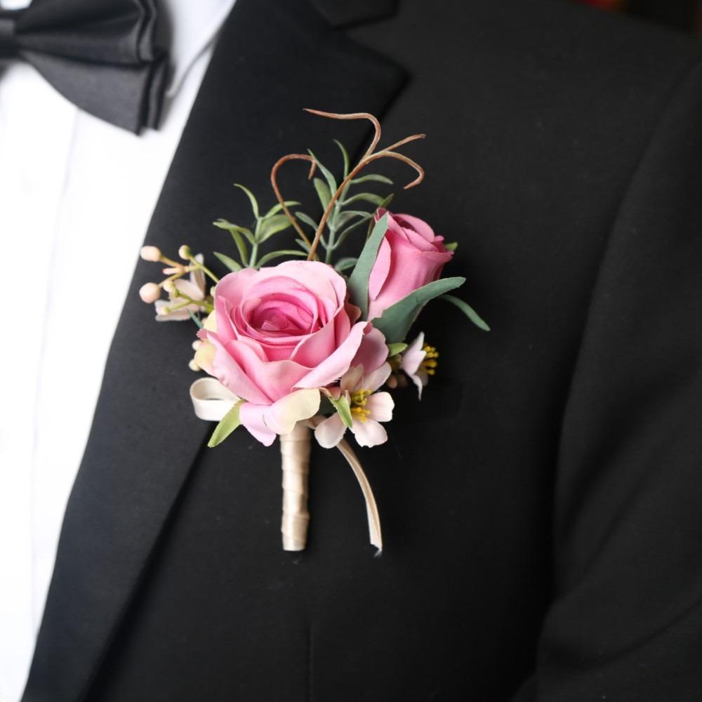 Seiden Ansteckblumen Blumen Künstlich Bräutigam Brustblume Handgelenk-Corsage Hochzeitszubehör purple-brooch