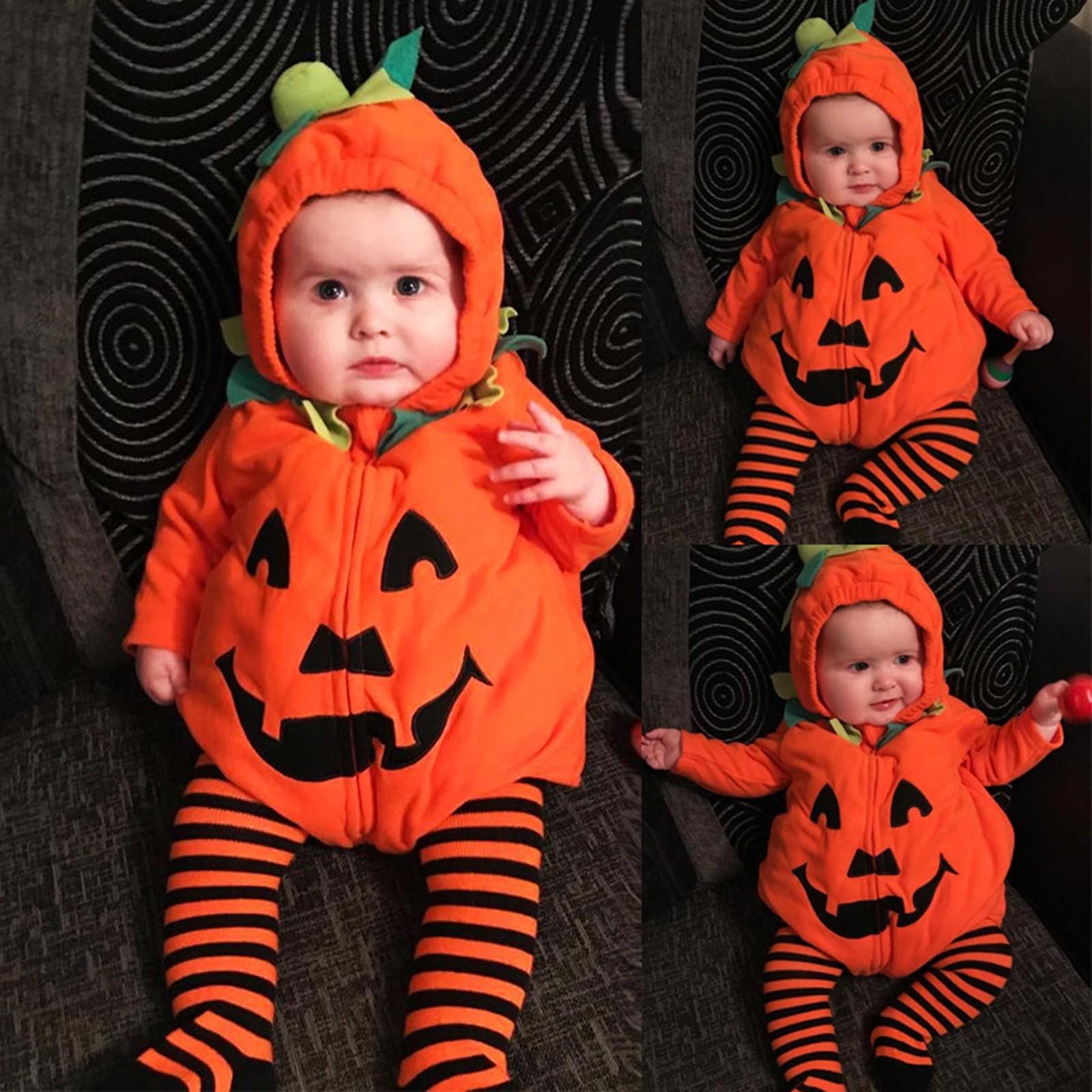 Säugling Baby Kinder Jungen Mädchen Strampler Set Strampler + Hut Kobold Halloween 80 orange
