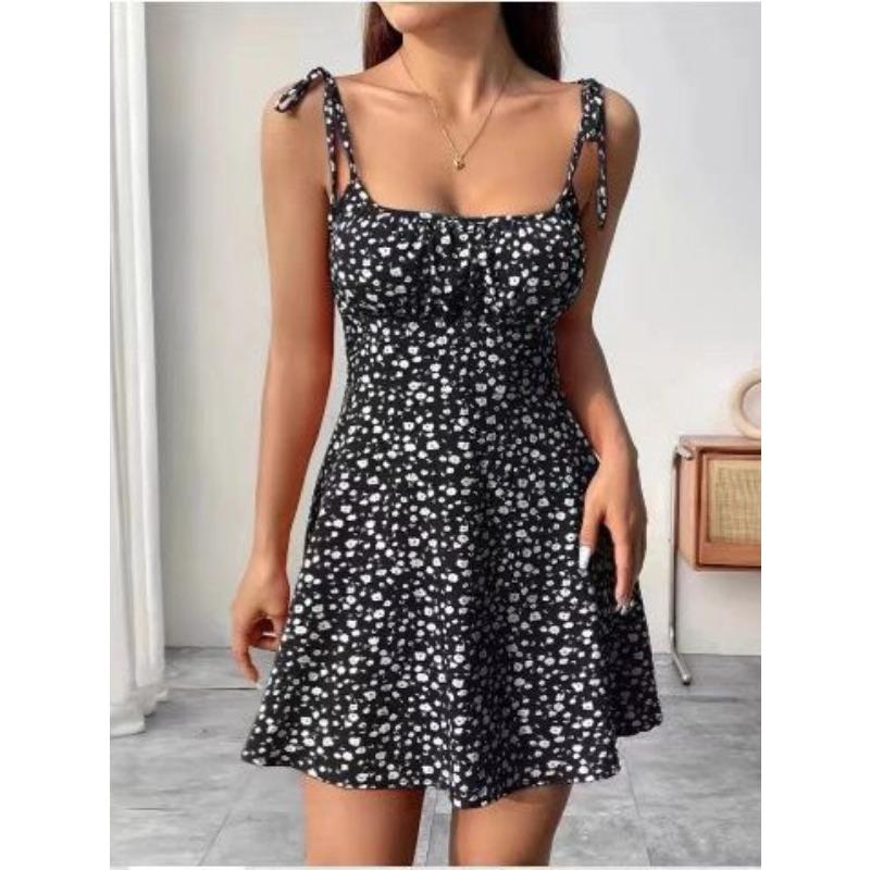 YYFS Damenmode Sommer Frühling Blumenmuster Druck Ärmellos Träger Hohe Taille Freizeitkleider M schwarz