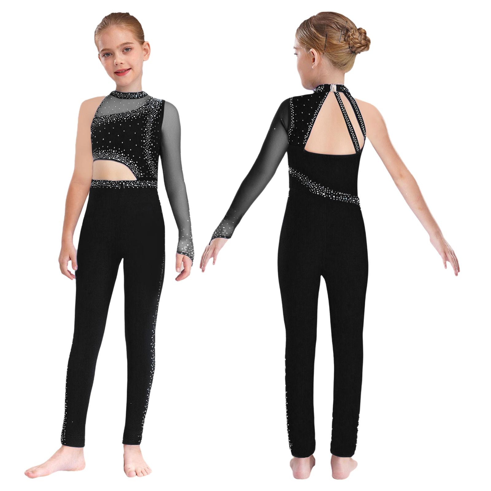 Mädchen Ein-Schulter-Gymnastik-Jumpsuit Durchsichtiges Netz Funkelnde Strasssteine Ganzkörper-Leotard Ballett Eiskunstlauf Unitard Kostüme 15-16 Years schwarz